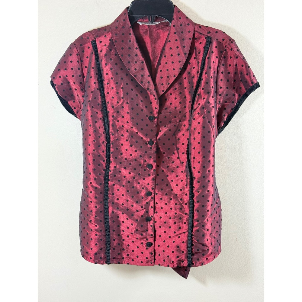 Signature by Larry Levine Blouse Women's M Burgundy Polka Dot Whimsigoth Retro